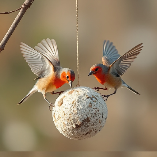 Birds enjoying suet balls outdoors