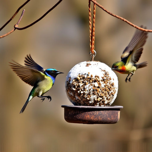 Birds enjoying suet balls outdoors