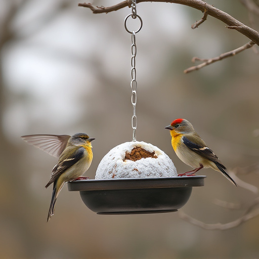 Birds enjoying suet balls outdoors