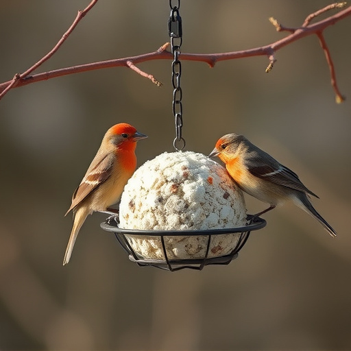 Birds enjoying suet balls outdoors