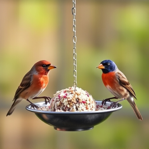 Birds enjoying suet balls outdoors