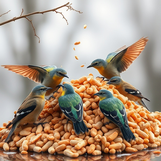 Birds feeding from abundant peanut pile