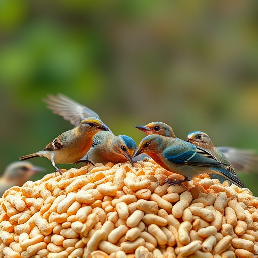 Birds feeding from abundant peanut pile