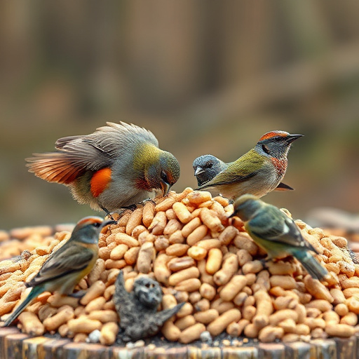 Birds feeding from abundant peanut pile