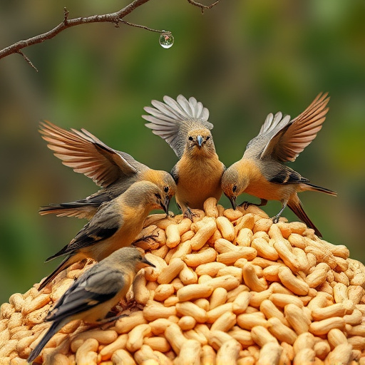 Birds feeding from abundant peanut pile