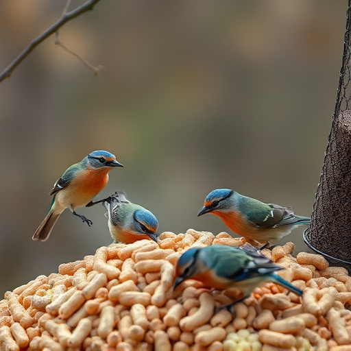 Birds feeding from abundant peanut pile