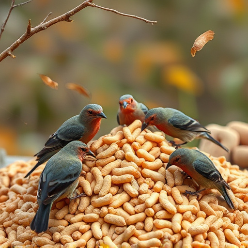 Birds feeding from abundant peanut pile