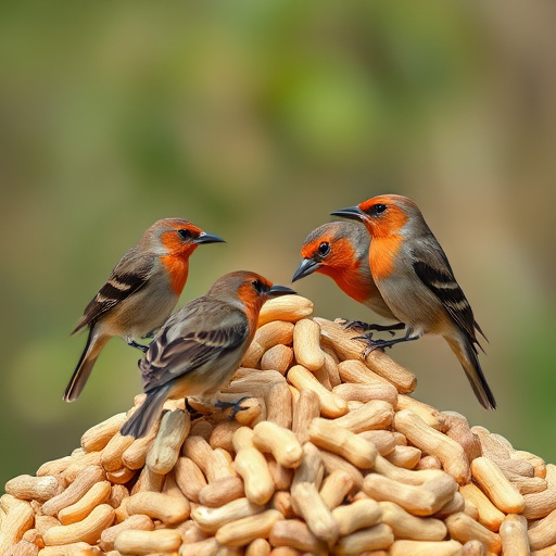 Birds feeding from abundant peanut pile