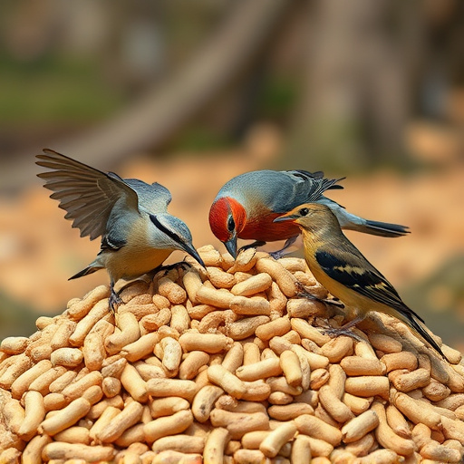 Birds feeding from abundant peanut pile
