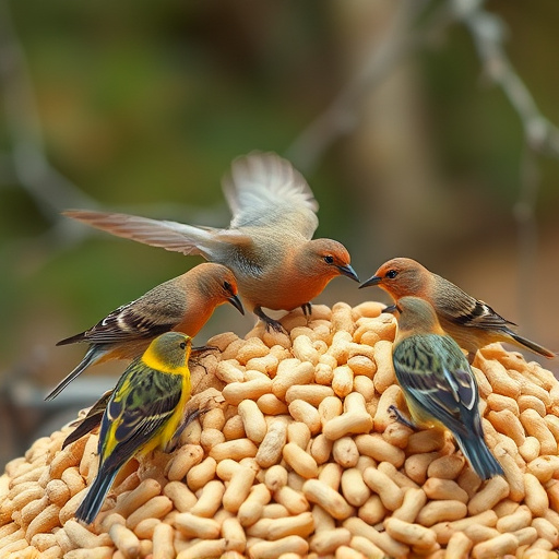 Birds feeding from abundant peanut pile