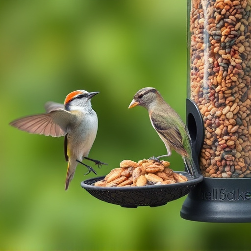 Birds feeding from hanging seed feeder