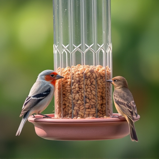 Birds feeding from hanging seed feeder