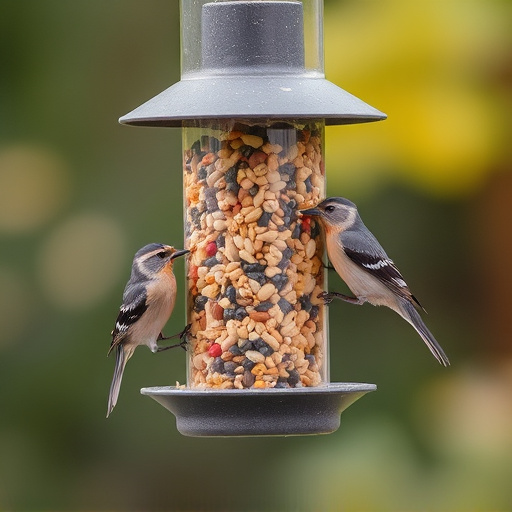 Birds feeding from hanging seed feeder