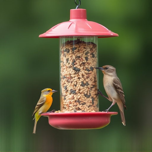 Birds feeding from hanging seed feeder