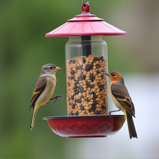 Birds feeding from hanging seed feeder