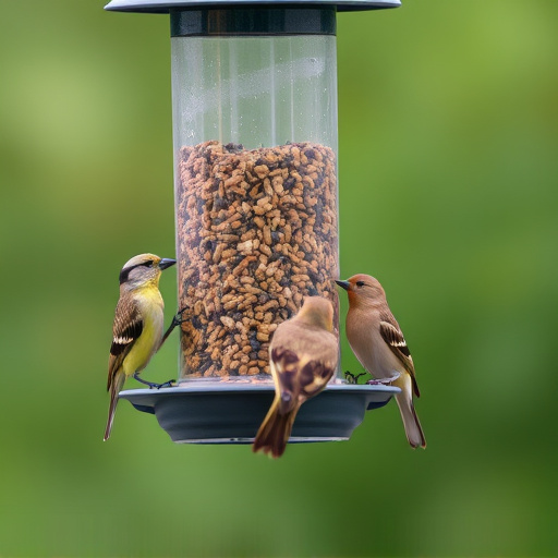 Birds feeding from hanging seed feeder