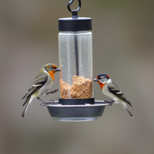 Birds feeding from metal suet dispenser