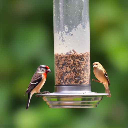 Birds feeding from metal suet dispenser