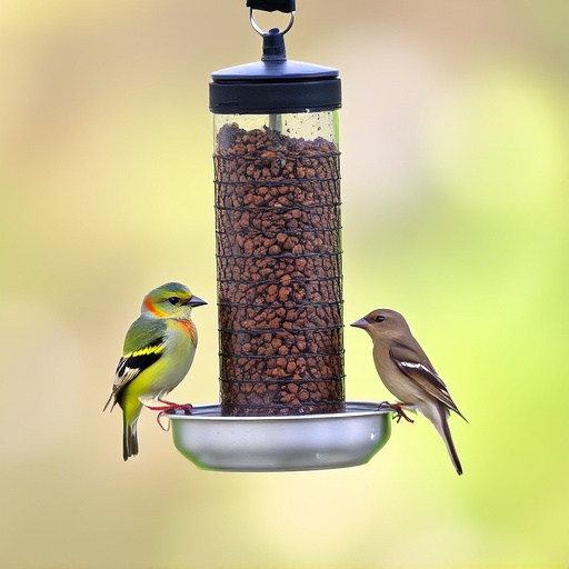 Birds feeding from metal suet dispenser