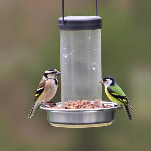 Birds feeding from metal suet dispenser