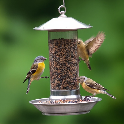 Birds feeding from metal suet dispenser