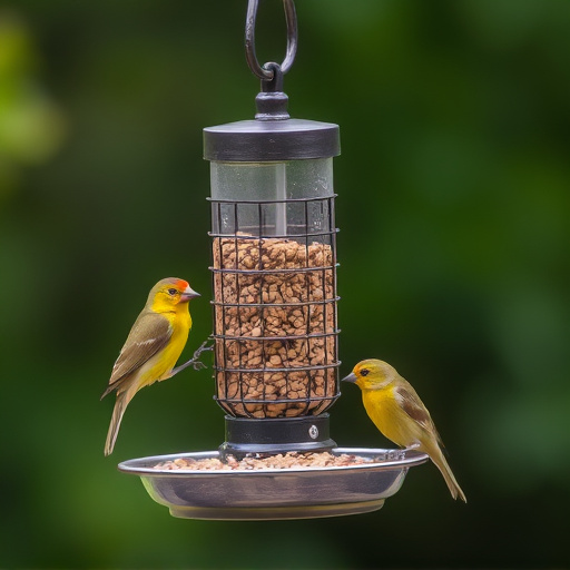 Birds feeding from metal suet dispenser