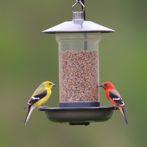Birds feeding from metal suet dispenser