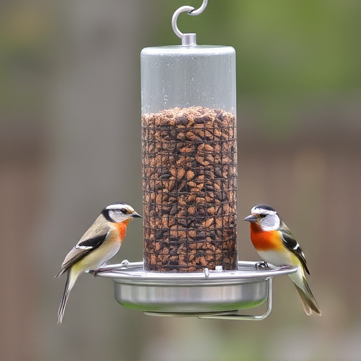 Birds feeding from metal suet dispenser