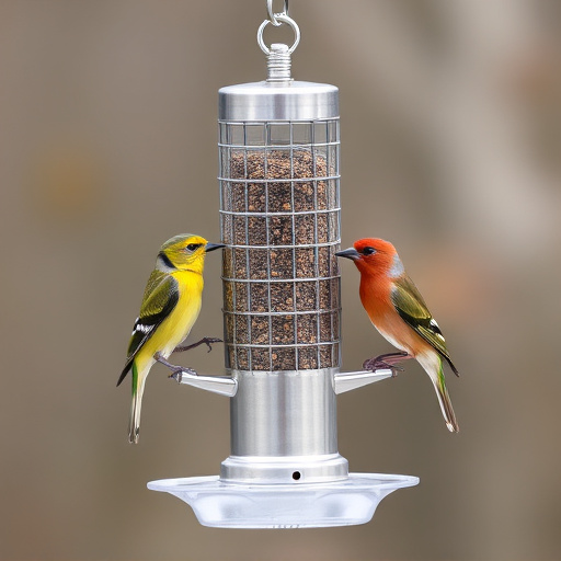Birds feeding from metal suet dispenser