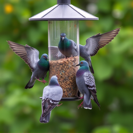 Birds feeding from pigeon-resistant feeder