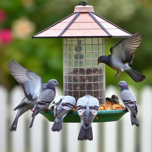 Birds feeding from pigeon-resistant feeder