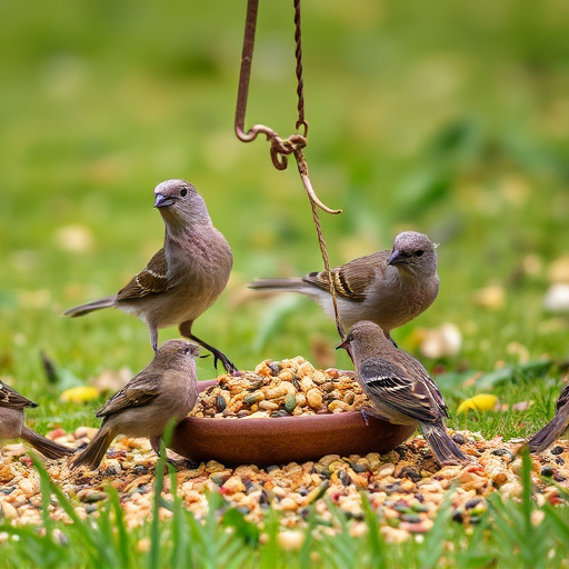 Birds feeding from scattered seed mix
