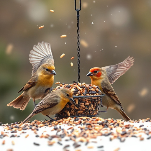 Birds feeding from scattered seed mix
