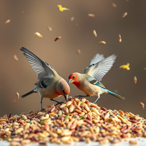 Birds feeding from scattered seed mix