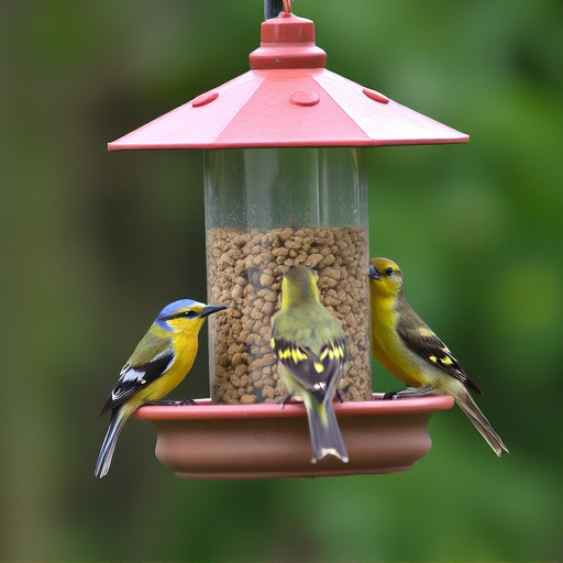 Birds feeding from tidy enclosed feeder
