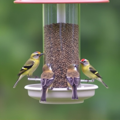 Birds feeding from tidy enclosed feeder