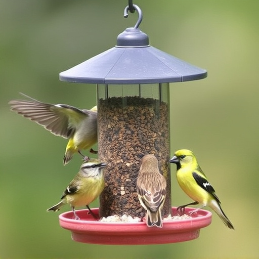 Birds feeding from tidy enclosed feeder