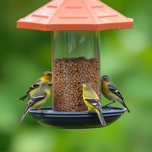 Birds feeding from tidy enclosed feeder