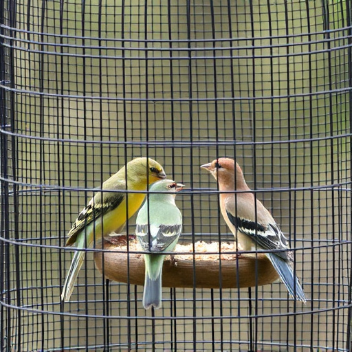 Birds feeding inside squirrel-proof cage