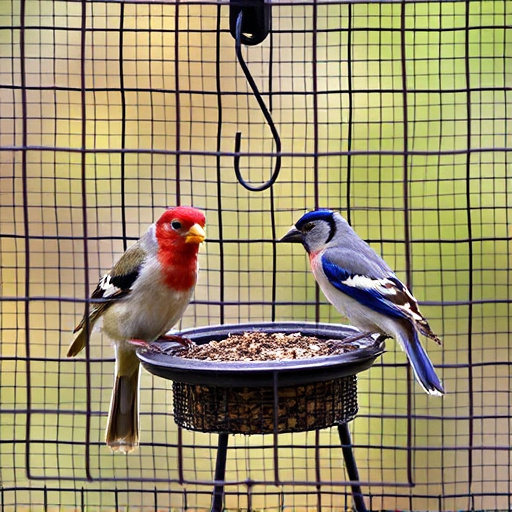 Birds feeding inside squirrel-proof cage