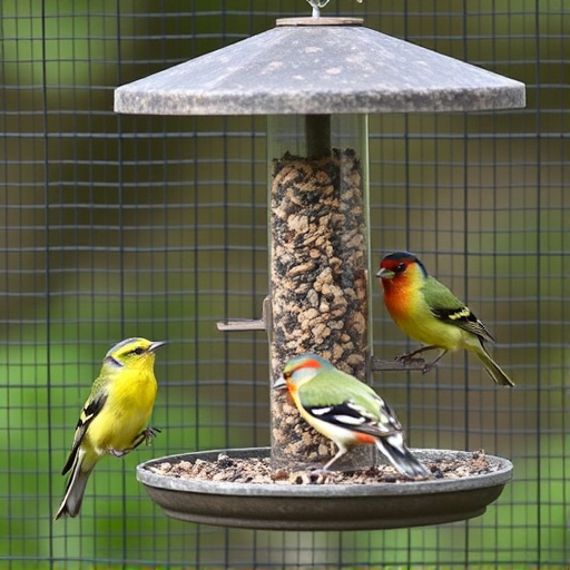 Birds feeding inside squirrel-proof cage