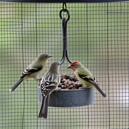 Birds feeding inside squirrel-proof cage