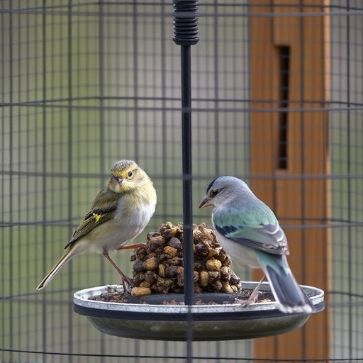 Birds feeding inside squirrel-proof cage