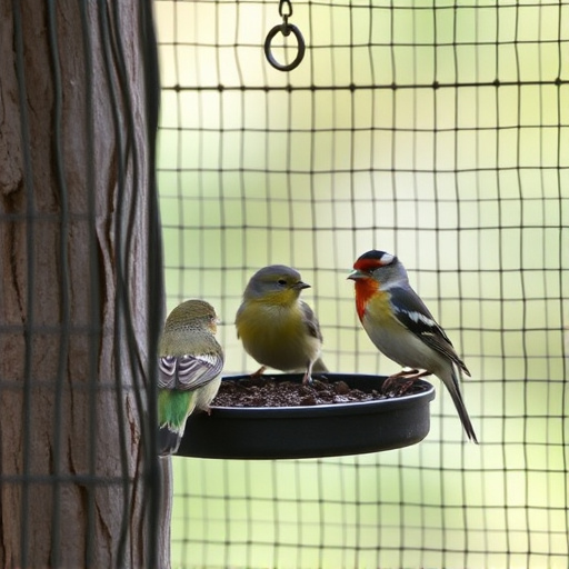 Birds feeding inside squirrel-proof cage