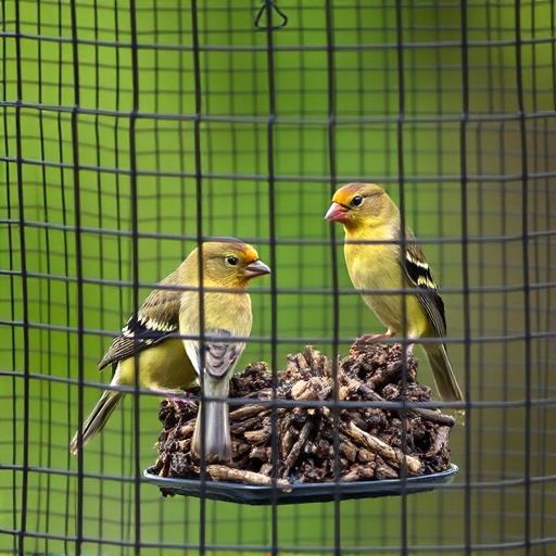 Birds feeding inside squirrel-proof cage