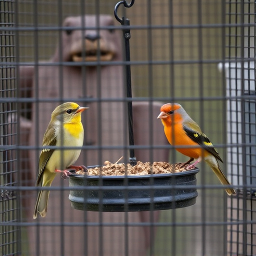 Birds feeding inside squirrel-proof cage