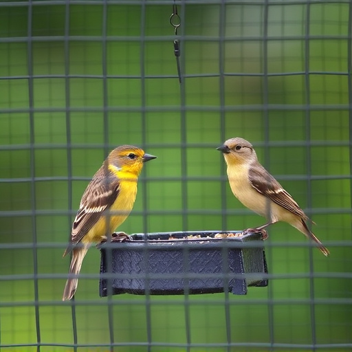 Birds feeding inside squirrel-proof cage