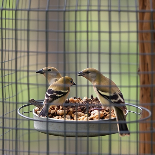 Birds feeding inside squirrel-proof cage