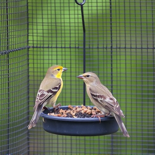 Birds feeding inside squirrel-proof cage
