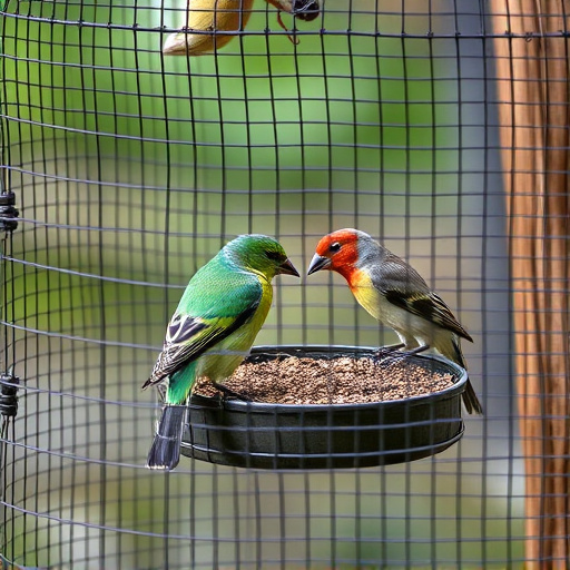 Birds feeding inside squirrel-proof cage